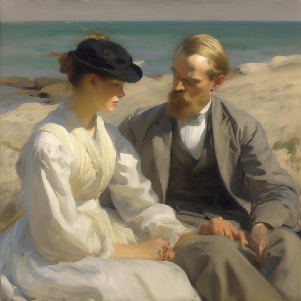 Ομορφη ρεαλιστική ζωγραφιά με έναν άνδρα και μια γυναίκα σε παραλία, αντανακλά την τέχνη ταξιδιού και πολιτισμού, ιδανική για την προβολή σε ιστοσελίδες τέχνης και πολιτισμού.