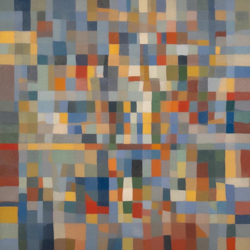 Χρωματικό αφηρημένο έργο τέχνης με πολύχρωμα τετράγωνα και αναπτυσσόμενη παλέτα σε μια ταξιδιωτική και καλλιτεχνική θεματική.