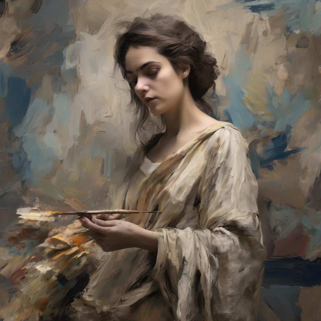 Ζεστή εικόνα καλλιτέχνιδας με πινέλο και παλέτα, εφημερίδα ιδέες τέχνης, ταξίδι στην τέχνη στον κόσμο, έμπνευση και δημιουργικότητα σε μια σύγχρονη καλλιτεχνική σκηνή, αίσθηση καλλιτεχνικής έκφρασης και πολιτιστικής εξερεύνησης.