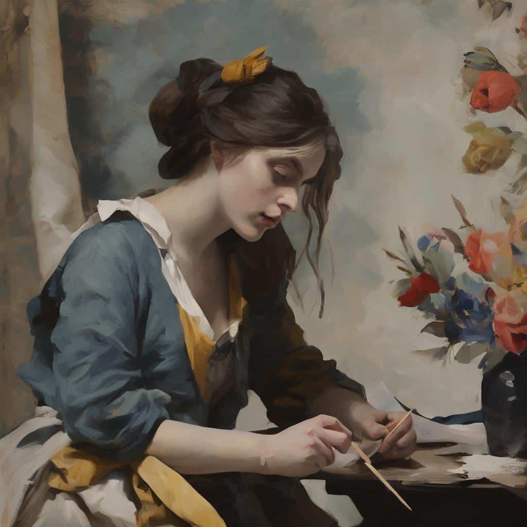 Ουάου, ένα ρεαλιστικό έργο τέχνης με νεαρή γυναίκα που ζωγραφίζει με πινέλο και χρώματα σε καμβά, αναδεικνύοντας την τέχνη και το ταξίδι με την τέχνη στον κόσμο.