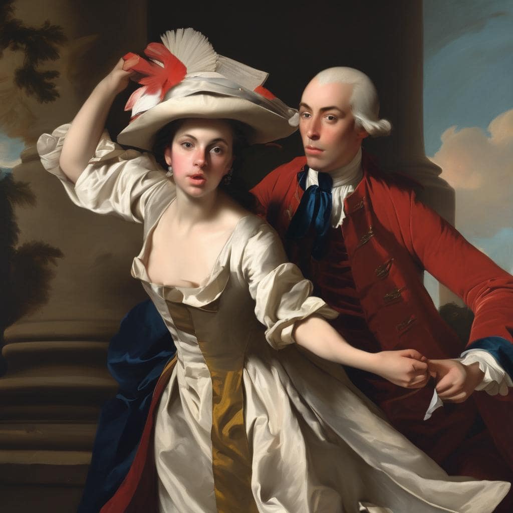 Παραστατική εικόνα από την τέχνη στον κόσμο, με δυο μοντέρνους ηθοποιούς σε ρεπλίκα εικονικής ζωής σε σκηνή με κοστούμια εποχής και φόντο την τέχνη της ζωγραφικής.