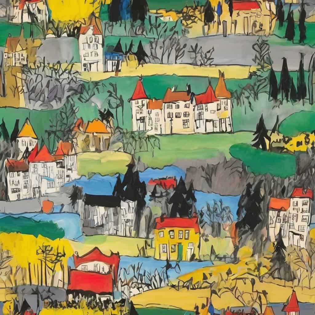 Ζωγραφική με παραδοσιακά σπίτια και φυσική ομορφιά, ταξίδι στην τέχνη και τον πολιτισμό, οπτική αναπαράσταση αυθεντικής αρχιτεκτονικής, ταξίδι στον κόσμο μέσα από την τέχνη της ζωγραφικής.