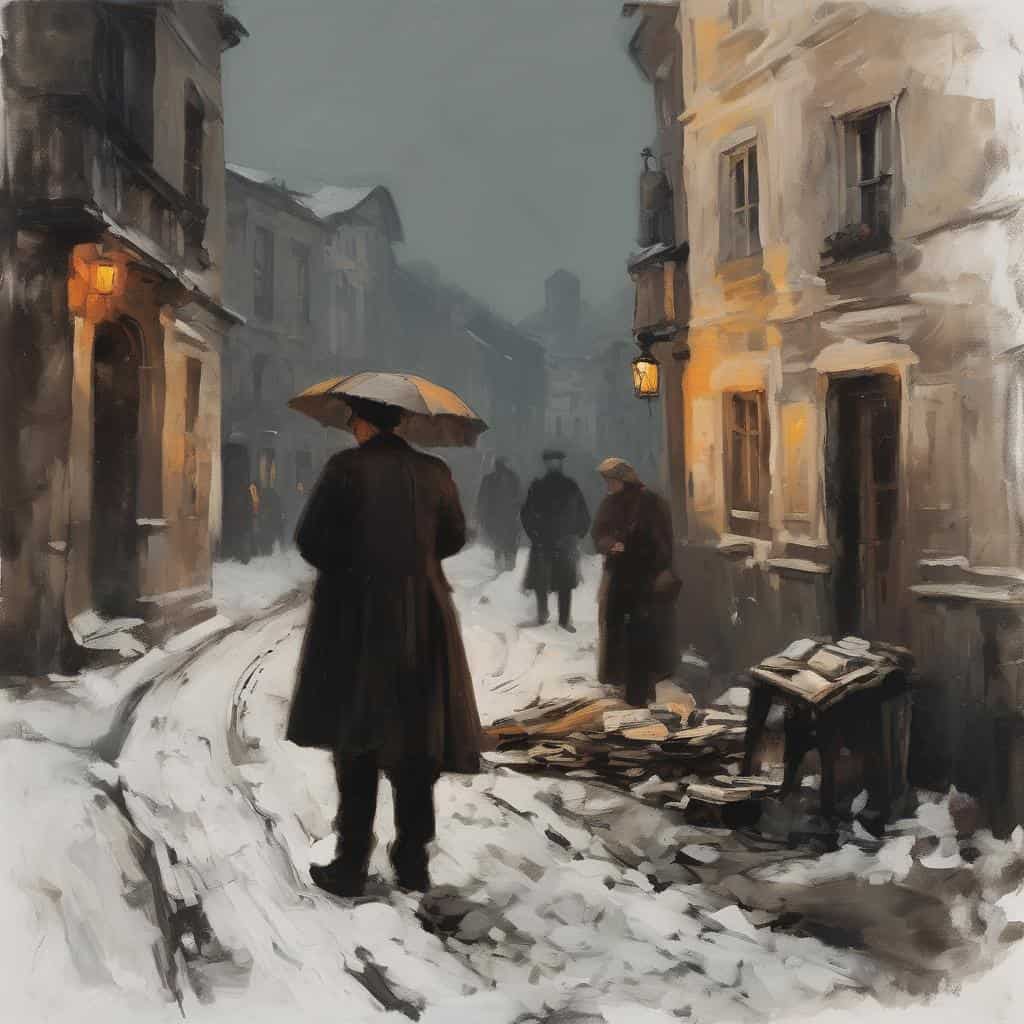 Ατμοσφαιρική ζωγραφιά με ανθρώπους σε βροχεκή, χειμωνιάτικη πόλη, εστίαση στην τέχνη και τον πολιτισμό.